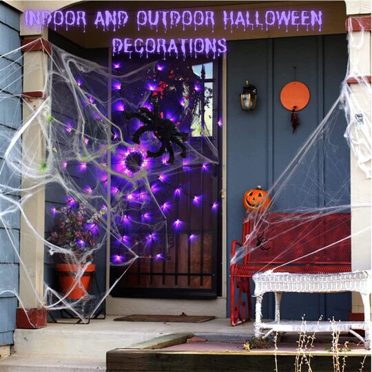 4FT Halloween Decorations Spider Web Lights - Diameter 70 LED with Black Spider, Waterproof Net Lights, Remote Control, 8 Modes Cobweb Halloween Decorations for House Garden Indoor Outdoor (Purple)